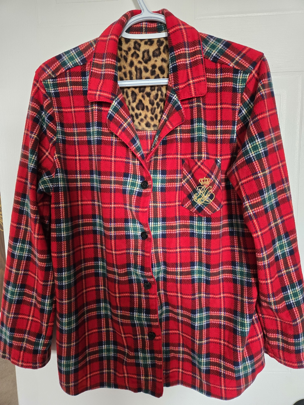 Ralph Lauren Red Green Plaid Button-Front Pajama Top & Pants with Leopard Lining